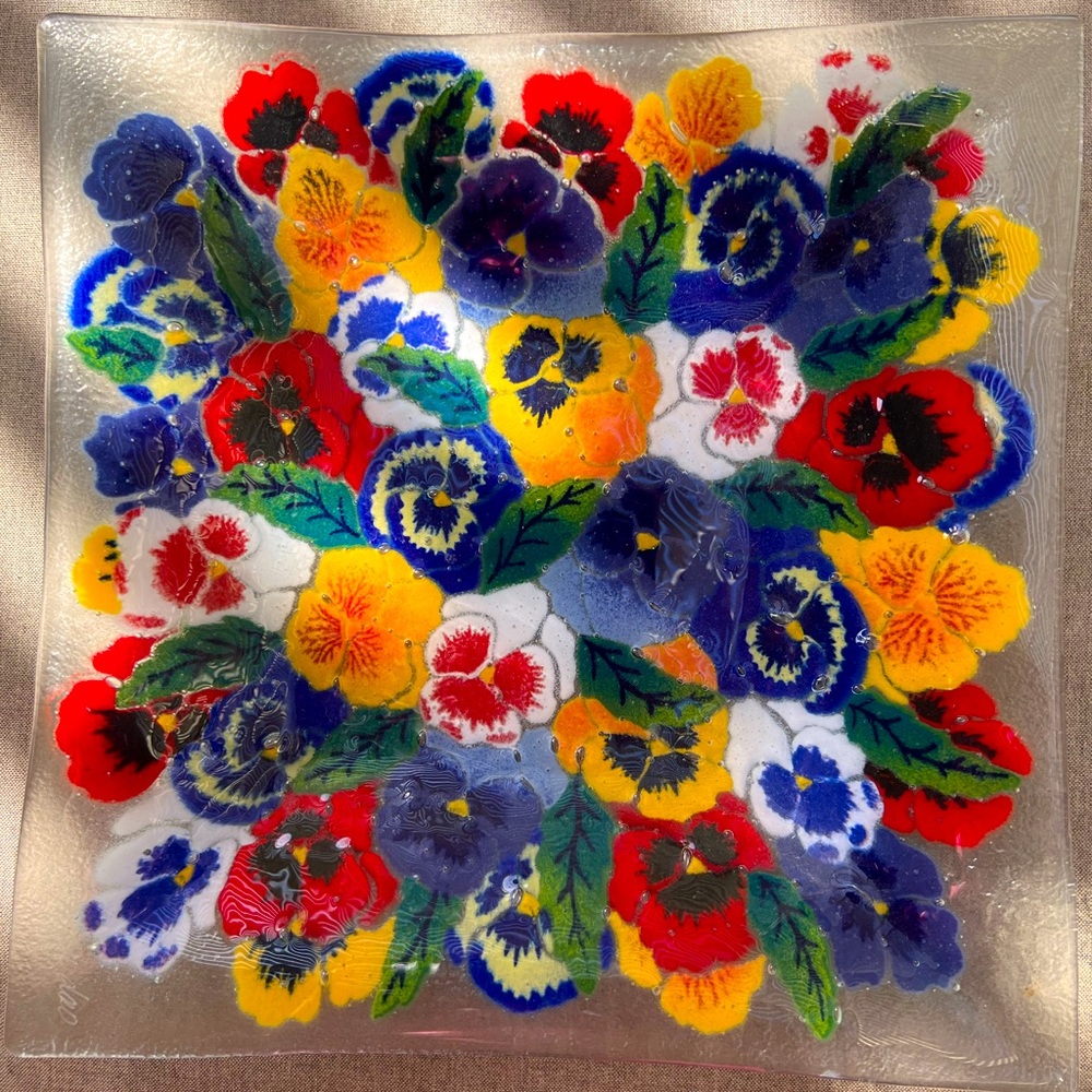Artisian Fused Glass  Platter “Pleathera of Pansies"